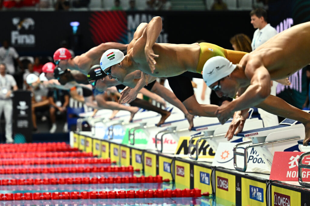 BUDAPEST, HUNGARY - JUN 23: Szebasztian Szabo (HUN) a competes Men's 50m Freestyle  semifinale on day 6 of the Budapest 2022 FINA World Championships at Duna Arena on JUN 23, 2022 in Budapest, Hungary.